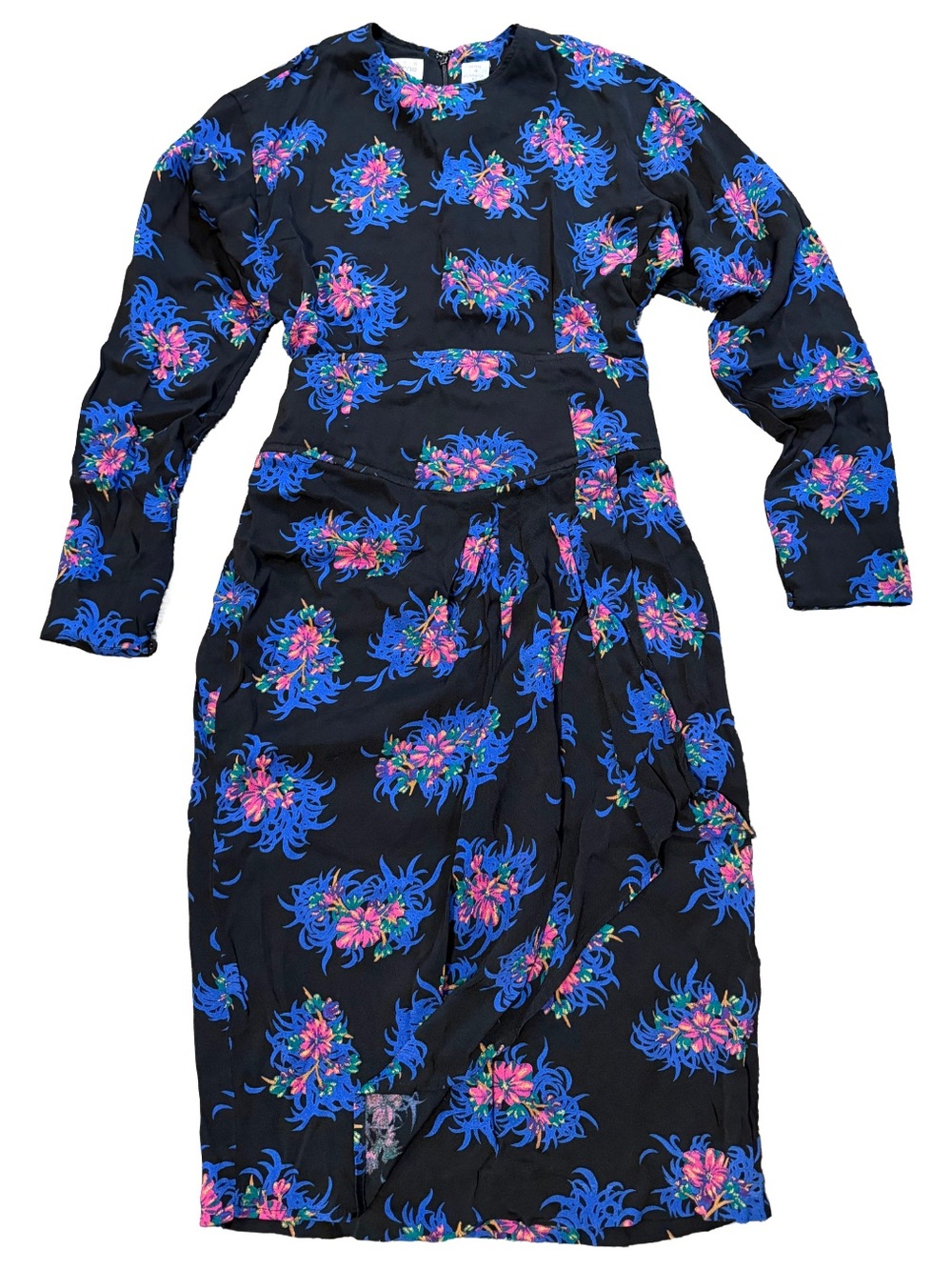 Vintage 80s Liz Claiborne Dress 4P Midi Floral Faux Wrap Retro Batwing Vibrant